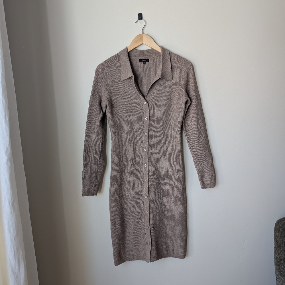 Quince Ribbed Button-Front Collared Dress - Taupe